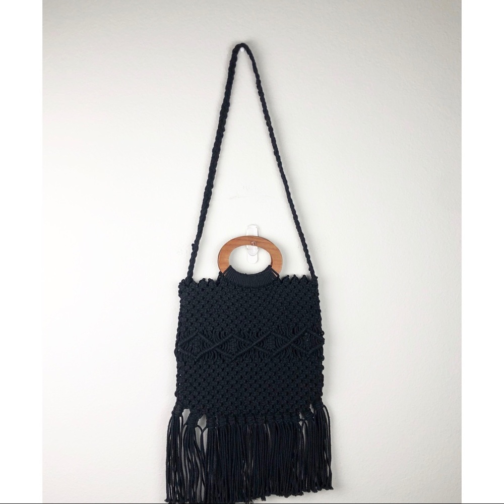 Macramé Fringe Bag Wood Handle Shoulder Strap Boho Festival 70's Inspired